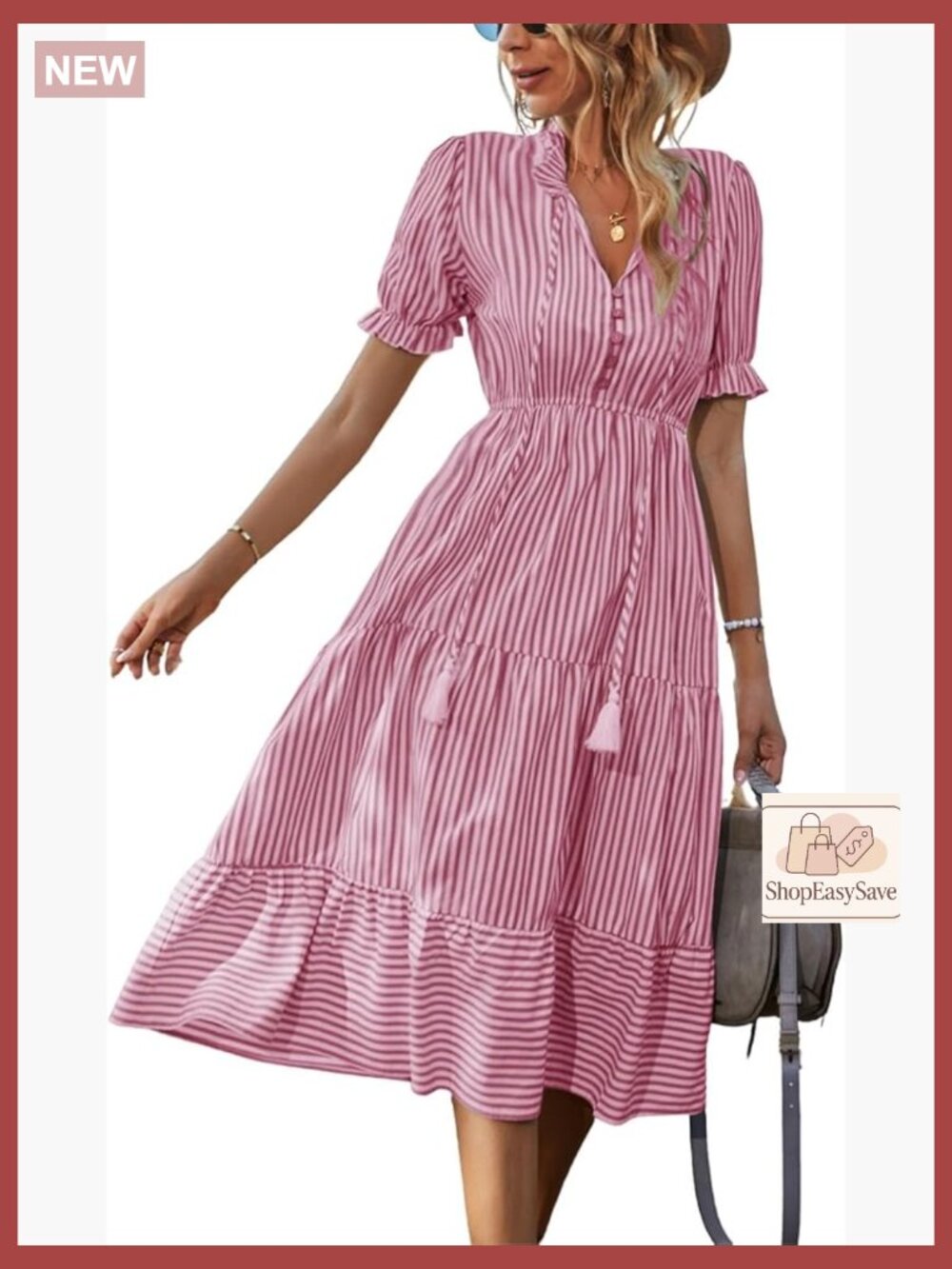Ruffle Puff Sleeve Midi Dress V Neck High Waist Casual Loose A-Line Summer
